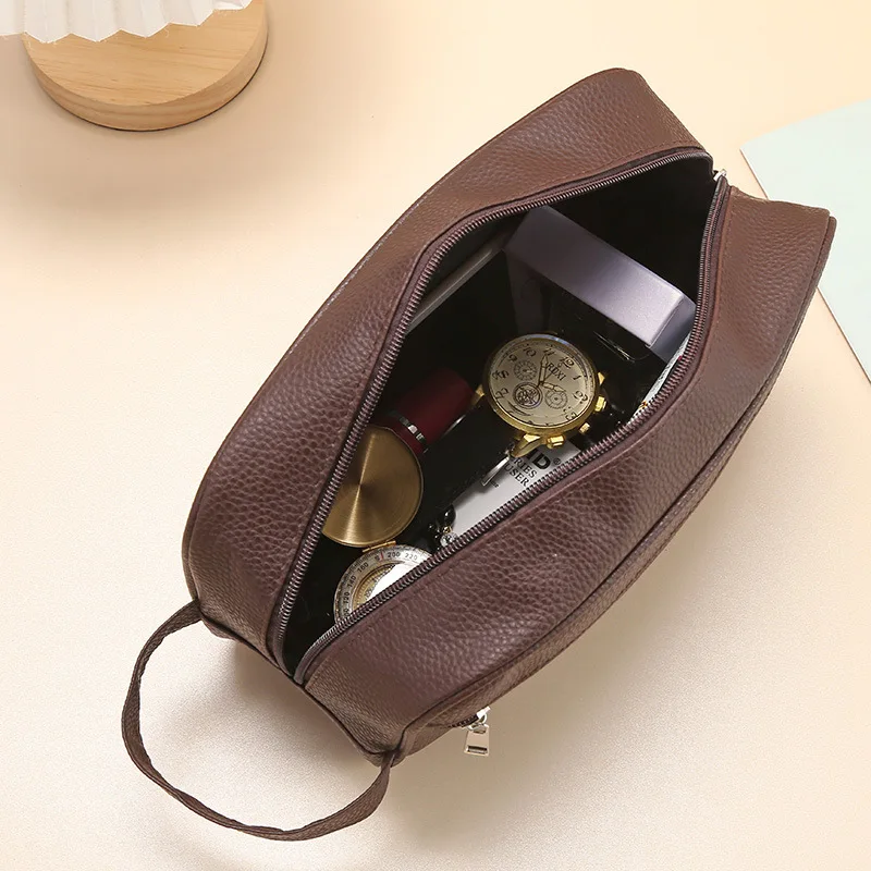 Large PU Leather Cosmetic Bag for Men Women Fashion Solid Waterproof Phone Wristlet Bag Travel Casual Toiletry Bag Handbags