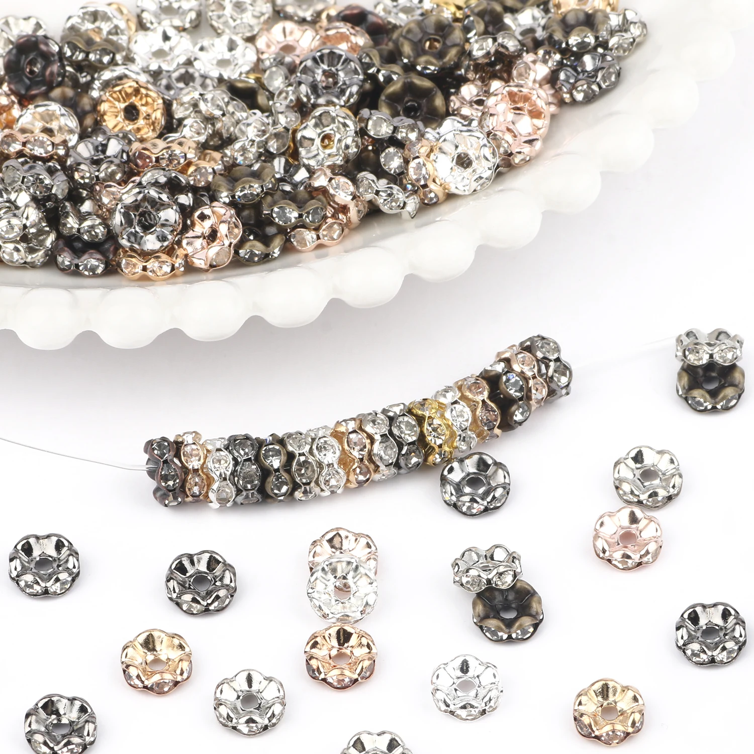 50pcs/lot 4 6 8 10mm Wave Side Rhinestone Rondelles Crystal Spacer Beads for DIY Jewelry Making Bracelet Accessories Supplies