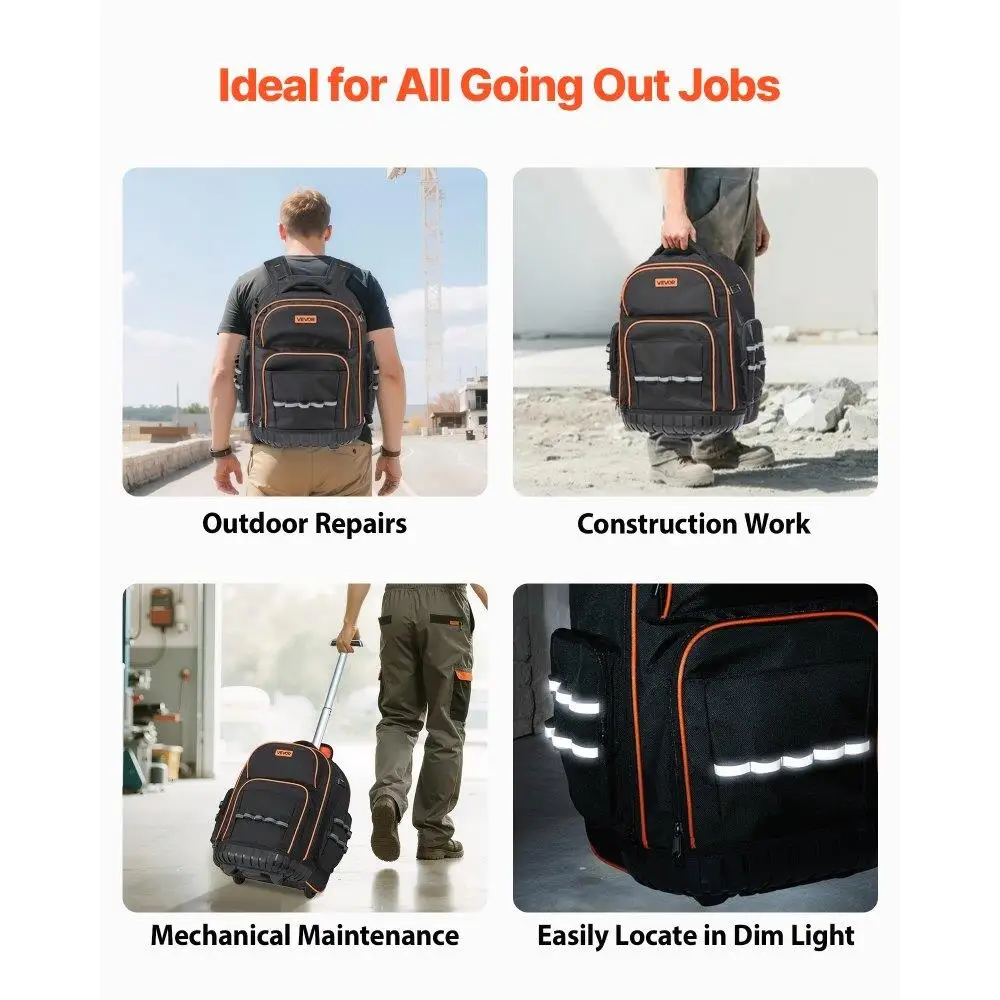 Heavy Duty Rolling Tool Backpack 45 Pocket Tool Bag on Wheels Portable Tool Organizer