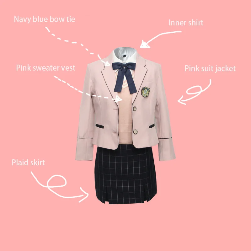 Traje de estudiante universitario coreano para niña, uniforme rosa, chaqueta, suéter, chaleco, Falda corta de rejilla, vestidos JK escolares, Otoño e Invierno