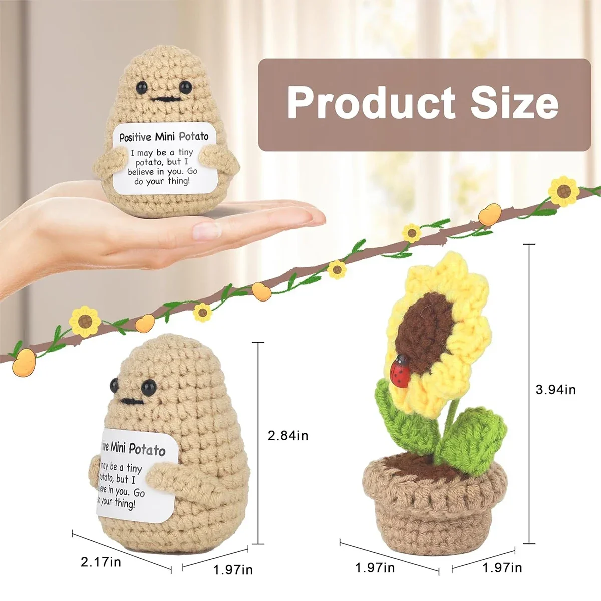 2PCS Positive Mini Sunflower Pot Potato Handicrafts Creative Funny Knitted Flower Crafts Desk Decoration Crochet Birthday Gifts