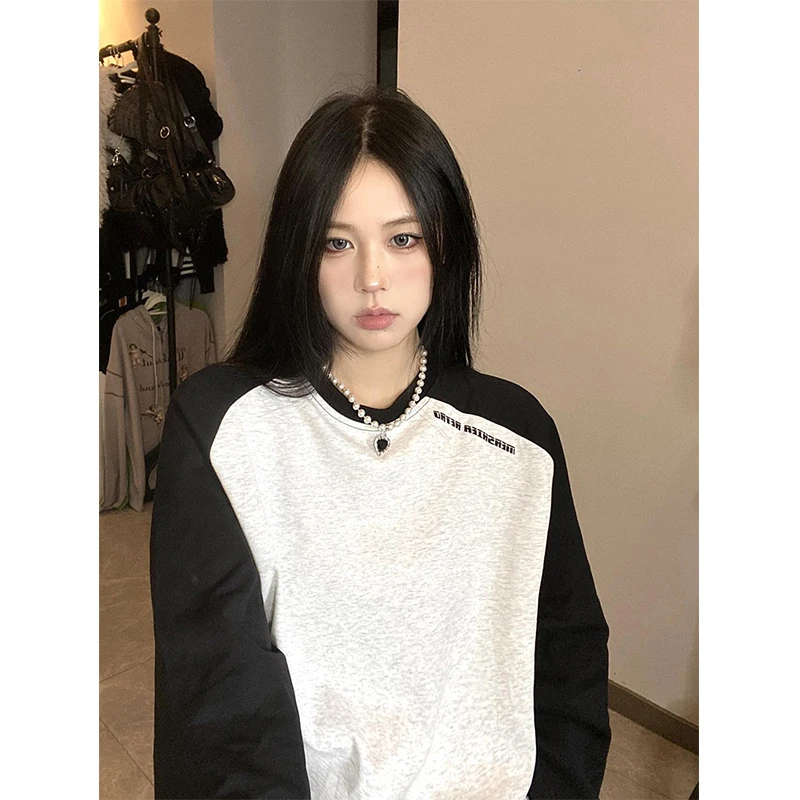 Harajuku Sweatshirts Women Y2K Oversized Patchwork Hoodies Streetwear Korean Vintage Contrast Color Loose Casual Pullovers Tops