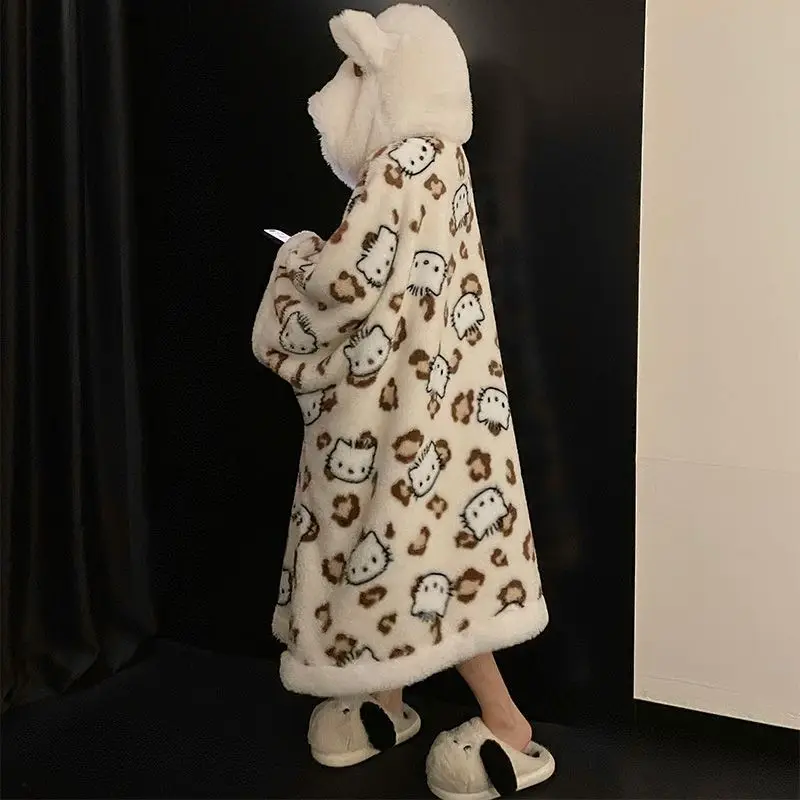 Hello Kitty Super Cute Leopard Print Winter Velvet Girl's Hooded Long-sleeved Cozy Soft Thickened Warm Bat-sleeve Cape Nightgown