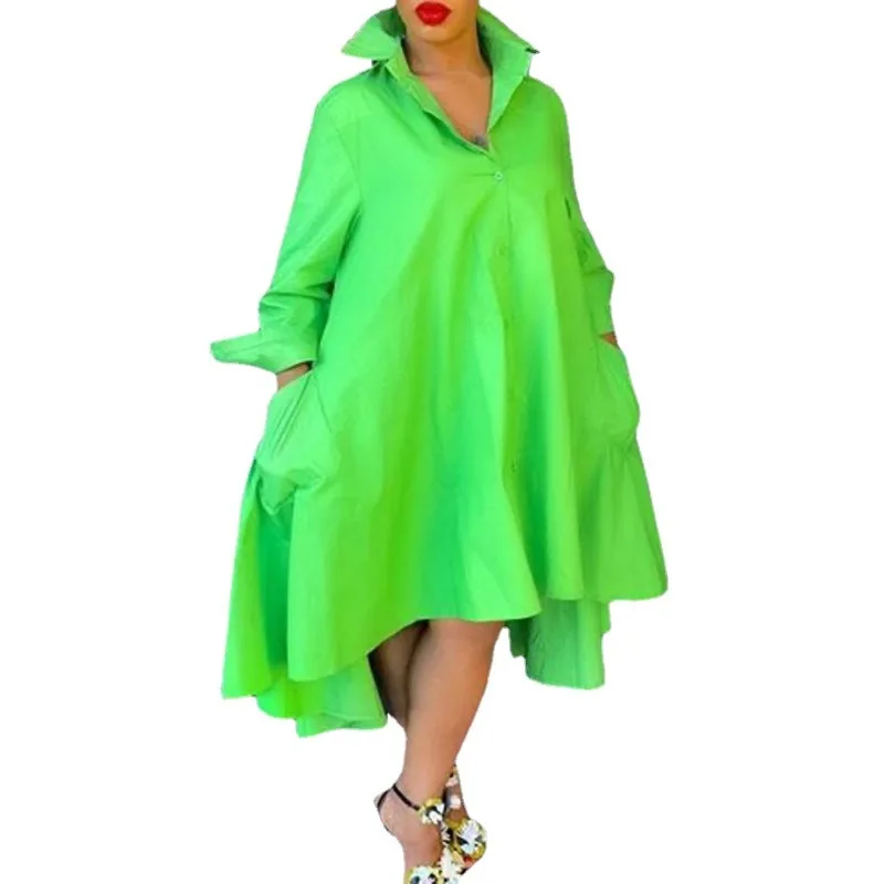 

Wsfec XL-5XL Women Fall Clothing Plus Size Dresses Green Long Sleeve Irregular Loose Casual Sexy Midi Shirt Dress Dropshipping