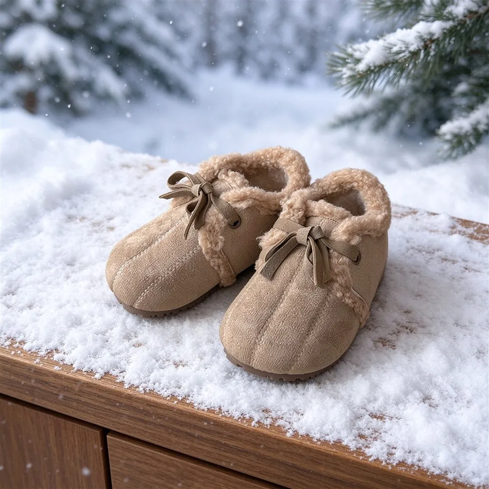 Toddler Kids Fleece Lined Winter Shoes, Bow Tie Suede Upper, Soft Non-Slip Sole, Warm Casual Flats for Boys Girls Daily Wear