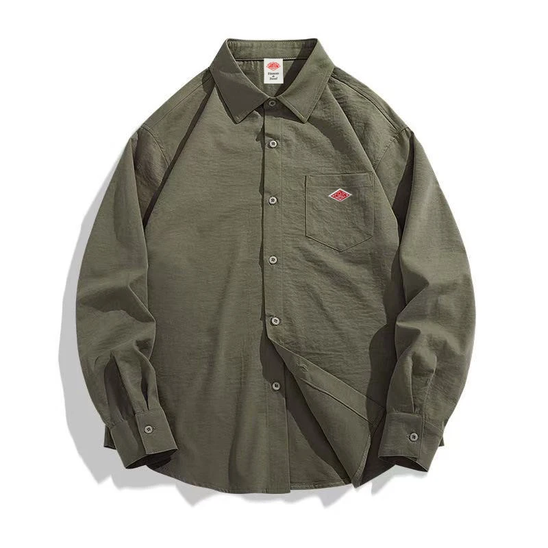 Spring Summer Men's Casual Ice Silk Button Long Sleeve Shirt with Pocket Embroidery Comfortable Breathable Korean Fashion Tops