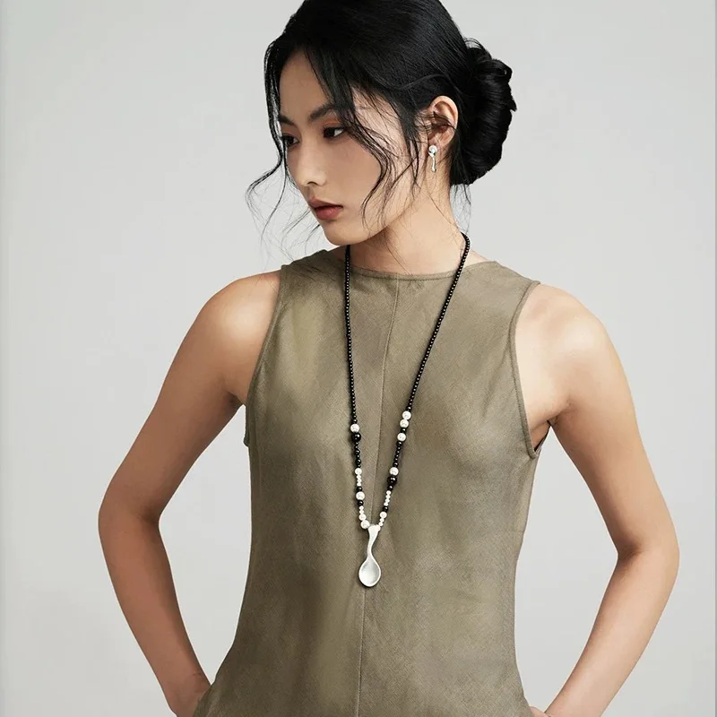 Withered Matte Spoon Fork Leather Rope Necklace Women's Bead Long Pendant Sweater Chain Jewelry Necklace Necklaces For Women