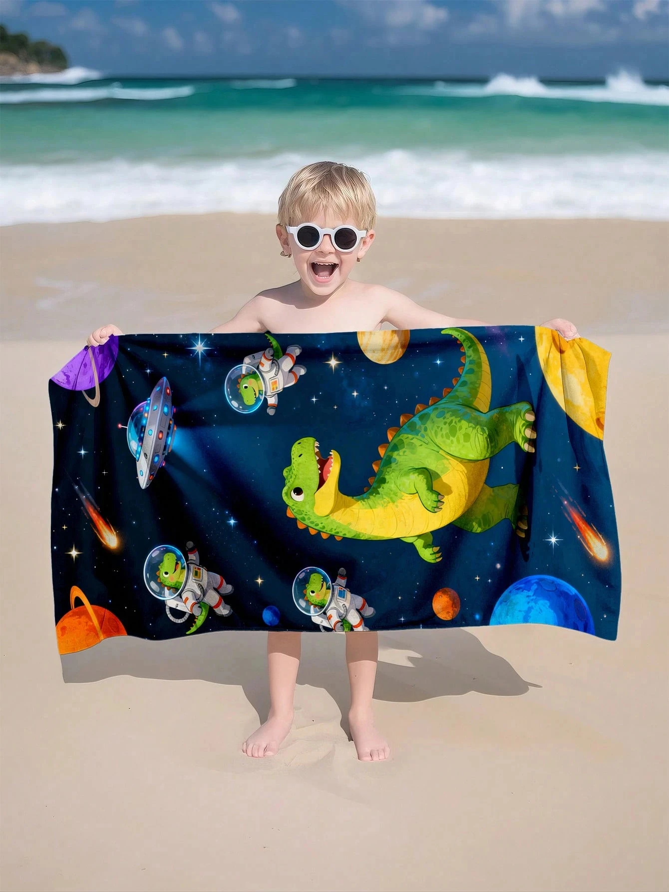 Dinosaur Astronaut Beach Towel,Premium Microfiber Absorbent Quick Dry,Oversized for Beach Pool,Cartoon Space Print Towel for Kid