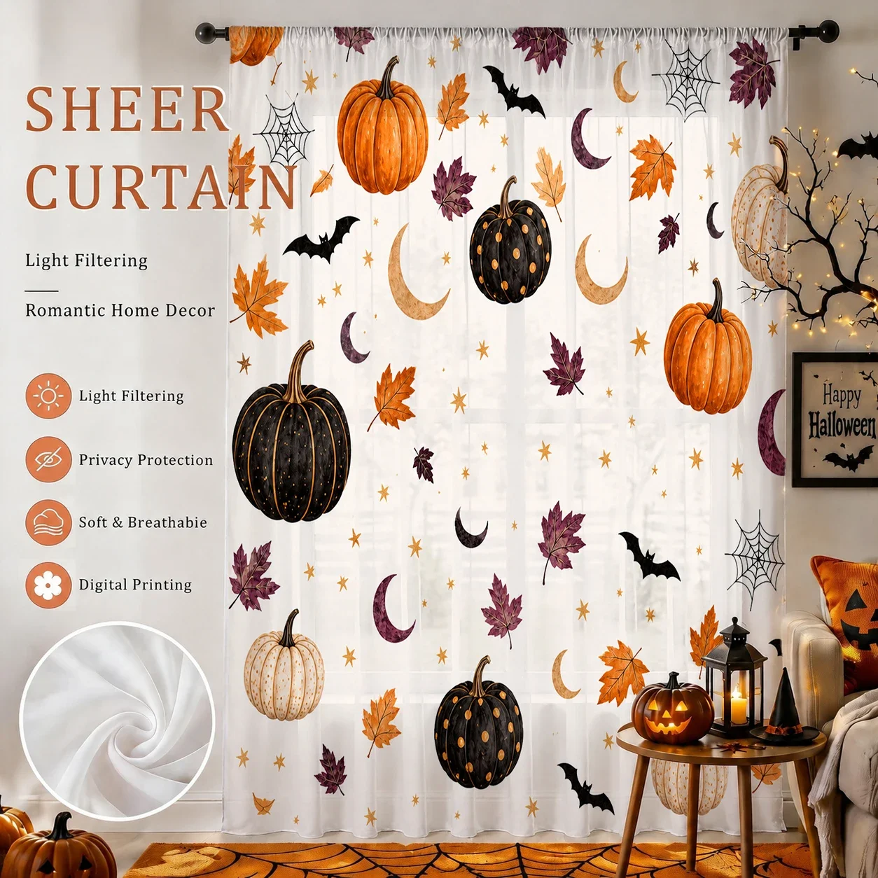 Halloween Festival Sheer Curtain, Good Quality Light Reducing Privacy Voile for Living/Bedroom/Kids Room,Mother's Day Gift