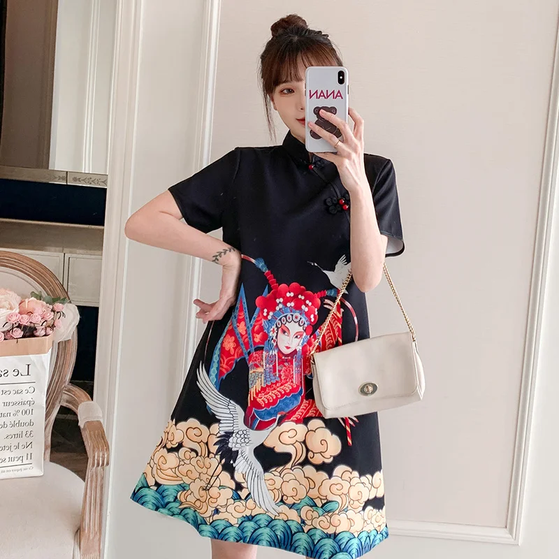 Plus Size M-4XL New Fashion Modern Trend Cheongsam Dress For Women Summer Black Short Sleeve Qipao Traditional Chinese Clothing