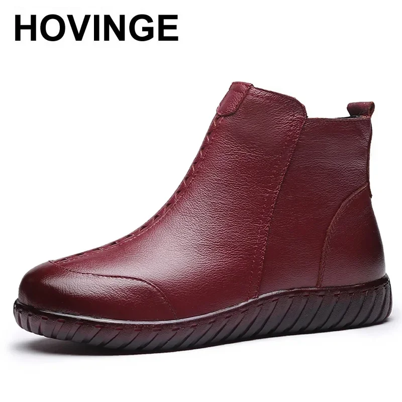 

HOVINGE Women Ankle Boots Genuine Leather Shoes Winter Warm Plush Booties Waterproof Comfortable Ladies Snow Boots Footwear Shoe