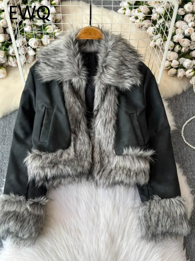 EWQ High-end Double-faced Fur Coat Womne's Lapel Pockets Design Contrast Color Short Coats 2024 Winter New Clothing 27X1592