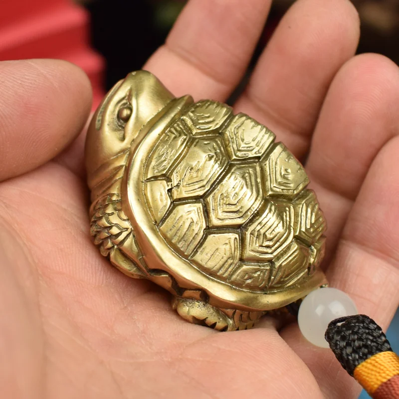 

Solid Copper Wealth Attracting Longevity Turtle Ornament - Traditional Chinese Feng Shui Desk Paperweight & Portable Handheld De