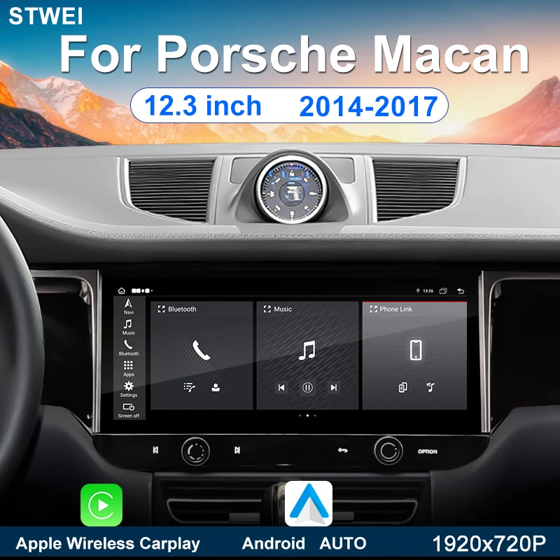 For Porsche Macan 2014-2017 12.3-inch Car Radio Multimedia Player Android13 4G WiFi Apple Wireless Stereo GPS Navigation