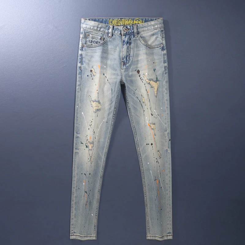 

Street Designer Fashion Men Jeans Retro Washed Blue Stretch Slim Fit Painted Ripped Jeans Men Y2K Patched Vintage Denim Pants