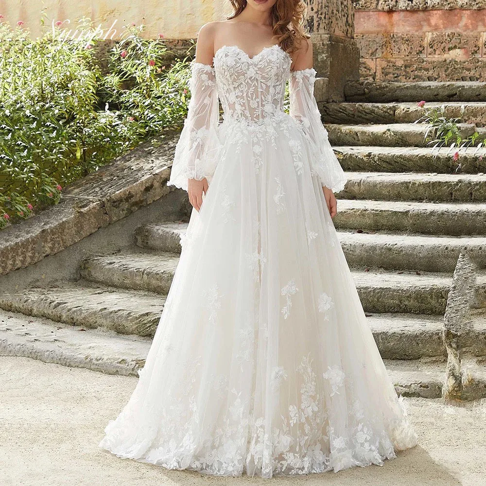 Suknie ślubne w stylu nowoczesnym, z dekoltem w serduszko, fason A-line, trenem zamiatającym, bez rękawów, tiulowe suknie ślubne, Vestidos De Novia