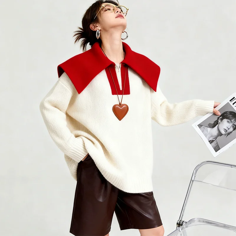 Old money style color matching lapel sweater Joker pullover sweater new loose and slim
