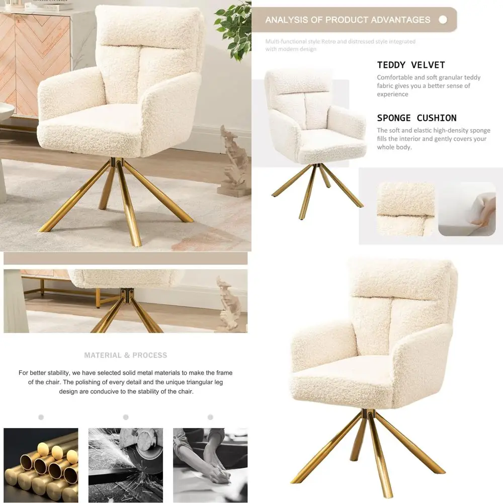 

Modern Beige Upholstered Office Desk Chair, Gold Legs Vanity Armchair, Wide Seat Task Reading Chair for Home Office