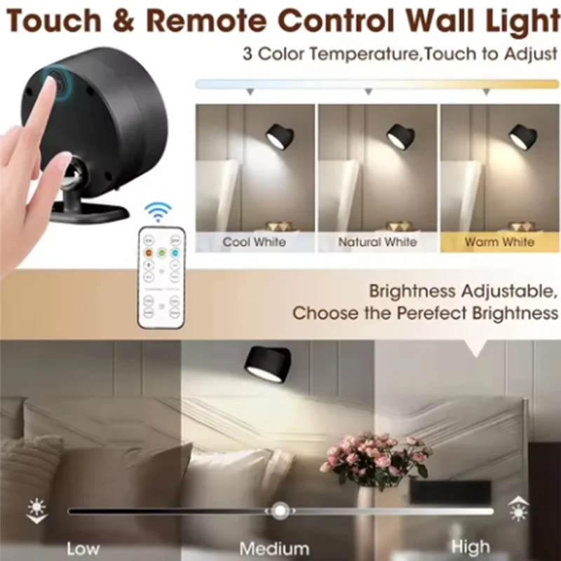 

【Today-Only!】LED Wall Mounted Lights With Remote Wireless Magnetic Wall Sconces Dimmable USB Rechargeable For Bedroom Bedside Li