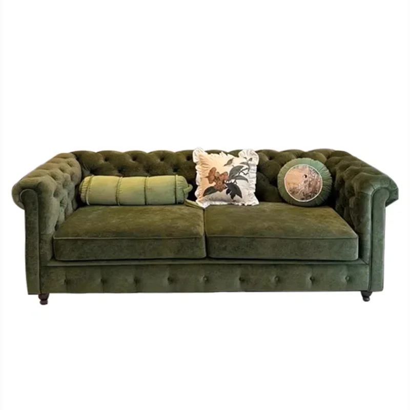

Three-person sofa straight row retro light luxury solid wood home bedroom sofa American