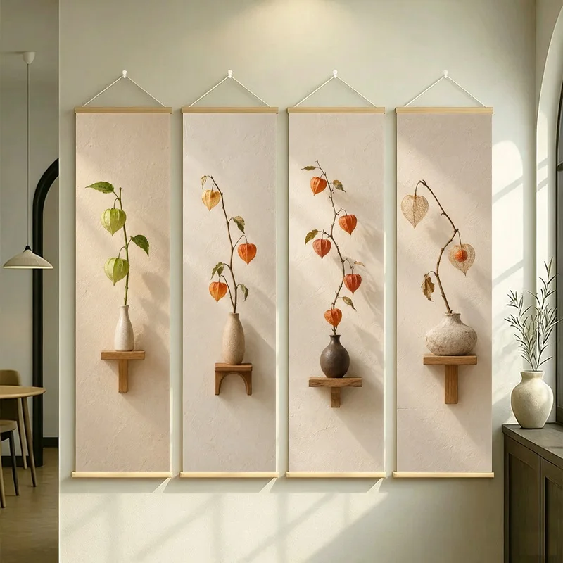 Orange Floral Wall Art 4-Panel Lantern Shaped Branch Vase Scroll Set on Cream Silver Shimmer Canvas for Autumn Dining Room Decor