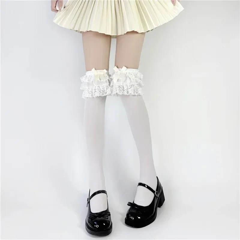 Calzini sopra il ginocchio Lolita con nastro multistrato con bordi in pizzo Stile giapponese Sweet Girl Nodo a farfalla Pure Desire School Girl