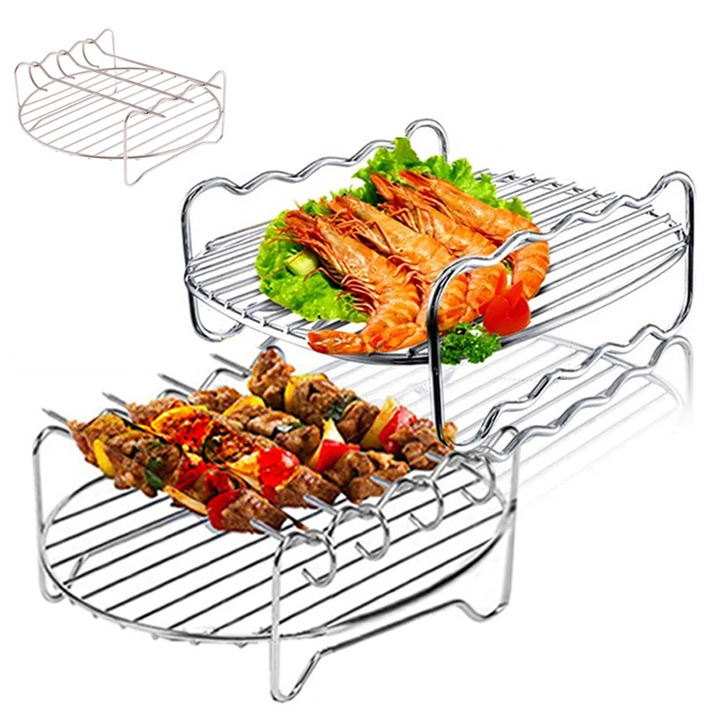 

3 Skewer Air Fryer Rack Kits Stainless Steel Holder Double Layer Grill Baking Tray Replacement Barbecue Kitchen Tools