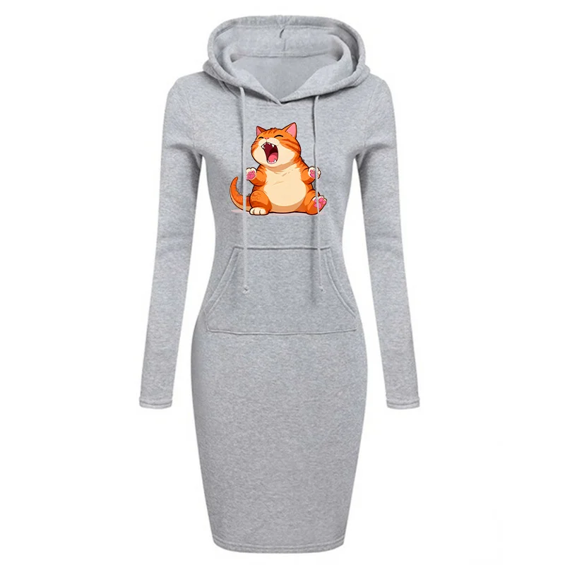 Cartoon brullende dinosaurus vet oranje kat print damesmode sweatshirtjurk zak met capuchon casual jurk mini-jurk
