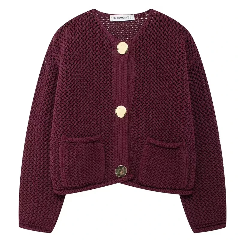 Women's Sweater Crochet Oversize Cardigan Autumn Crop Knit Button O-Neck Knitwear Loose Long Sleeve Top Women Cozy Sweaters