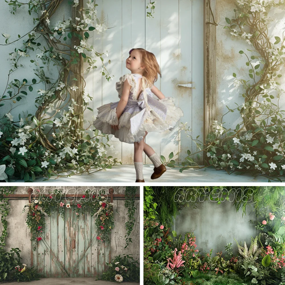 Spring Photography Backdrop Rustic Vintage Doorway Greenery Natural Floral Decor Baby Birthday Portrait Background Photo Studio