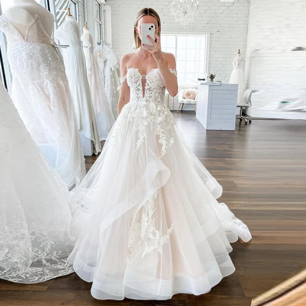 Пляжные свадебные платья принцессы трапециевидной формы с открытыми плечами для женщин, свадебное платье без рукавов с оборками на заказ, цвет/размер