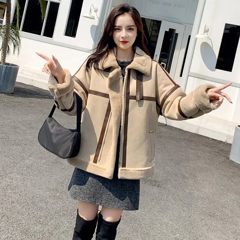 2025秋冬新作 厚手フェイクスエードファー一体型ストリートウェアショートジャケット レディース ラムウール バイクスーツ