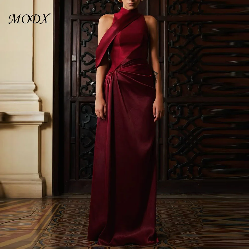 

MODX Wine Red Satin Evening Dress One Shoulder High Neck Draped Waist Formal Slim Fit Party Gown فستان سهرة فاخر