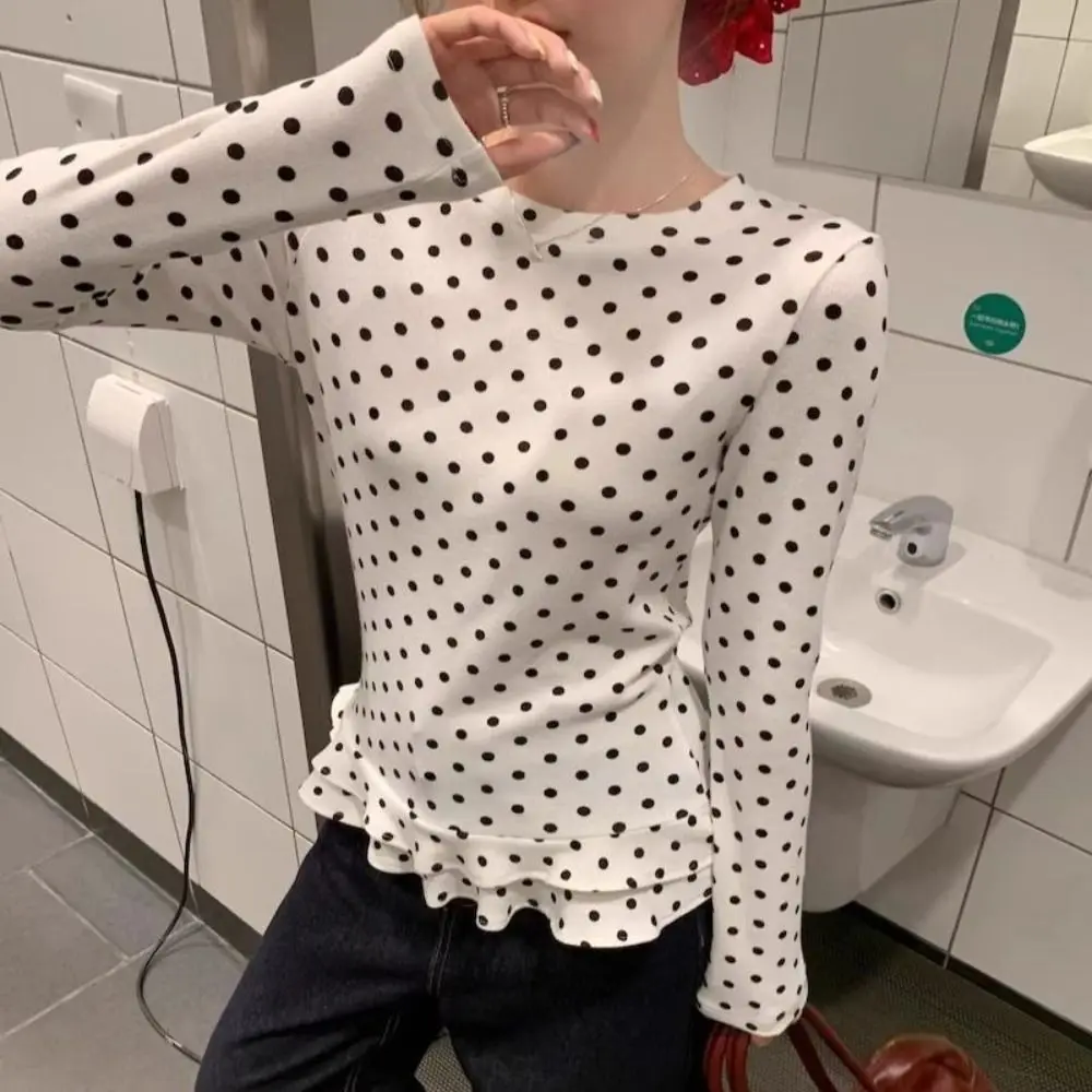 Novo plissado guarnição manga longa camiseta bolinhas doce interior topo fino vero moda