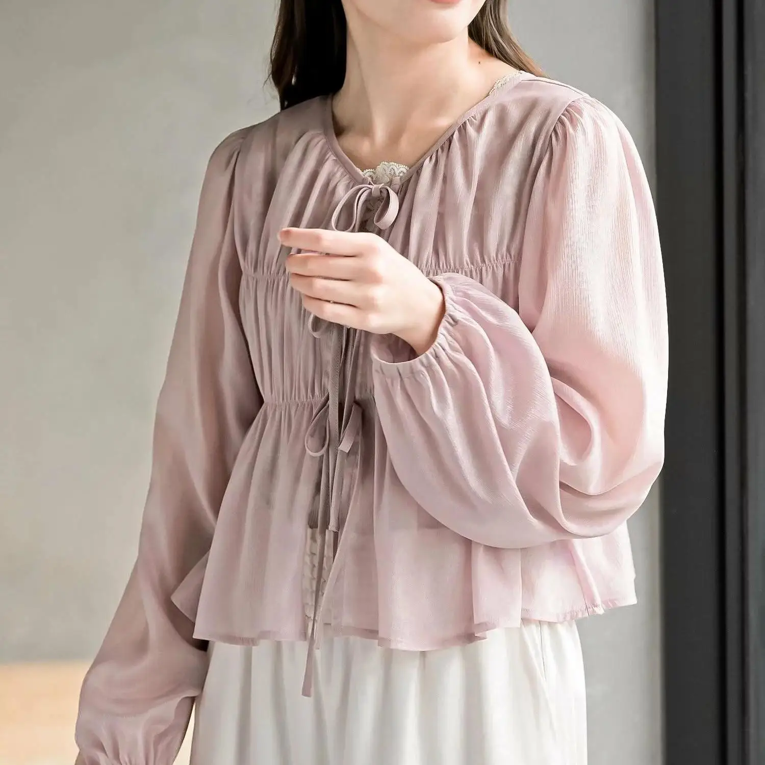 

Slimming Effect Long Sleeve Sweet Style Women's Shirt round Neck Tie Dotted Polyester Fiber Light Weight Short Length Pure Color