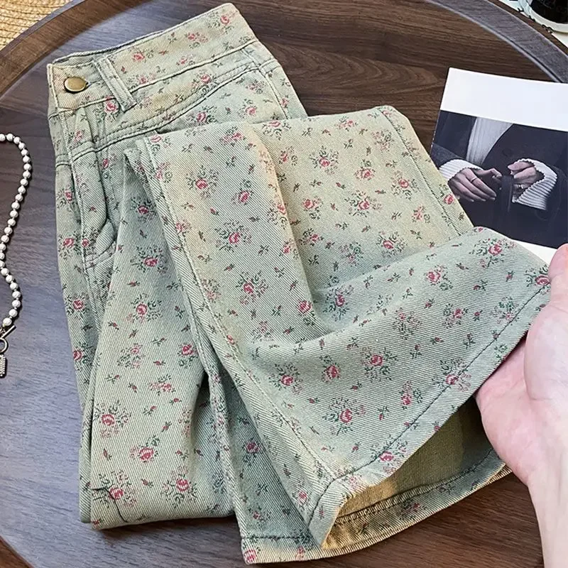 جينز ريترو مستقيم الساق مطبوع للنساء تصميم جديد، سروال عالي الخصر فضفاض غير رسمي واسع الساق عصري JJ76