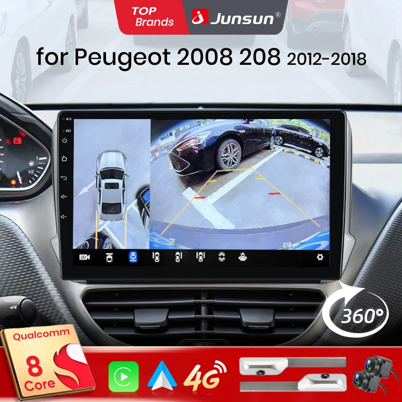 Junsun Qualcomm 8 cœurs 360 caméra sans fil CarPlay Android Auto autoradio pour Peugeot 2008 208 2012 - 2018 GPS