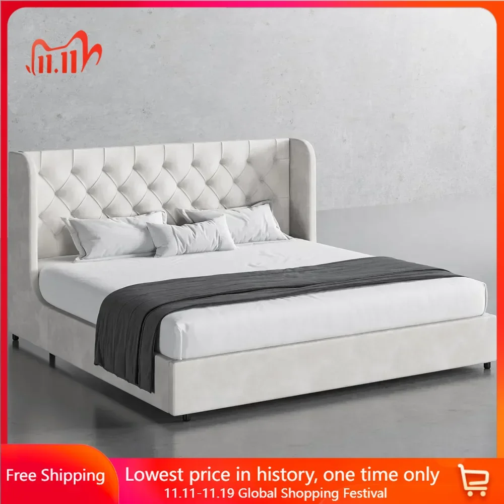 

King Size Bed Frame, Upholstered Bed Frame King Bed with Wide Wingback Tufted Velvet Headboard, Sturdy Wooden Slats Support