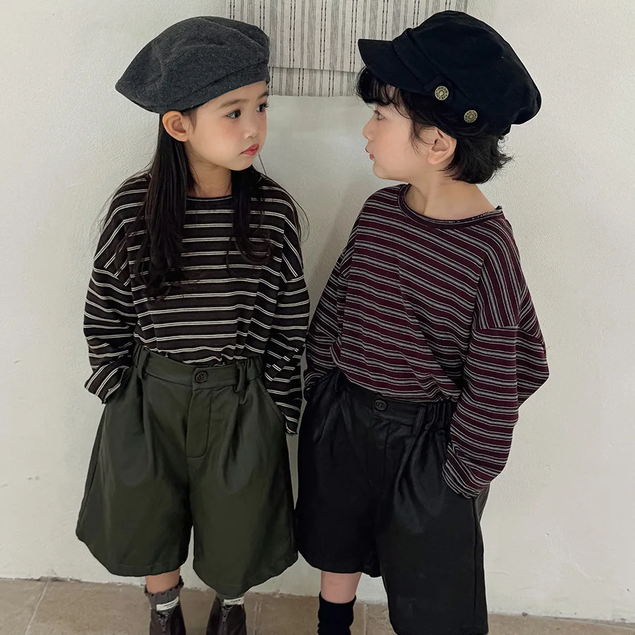 Kids Long Sleeve T‑Shirt Autumn Striped Boys Girls Raw Edge Crew Neck Base Shirt Children Loose Casual Undershirt for Toddler