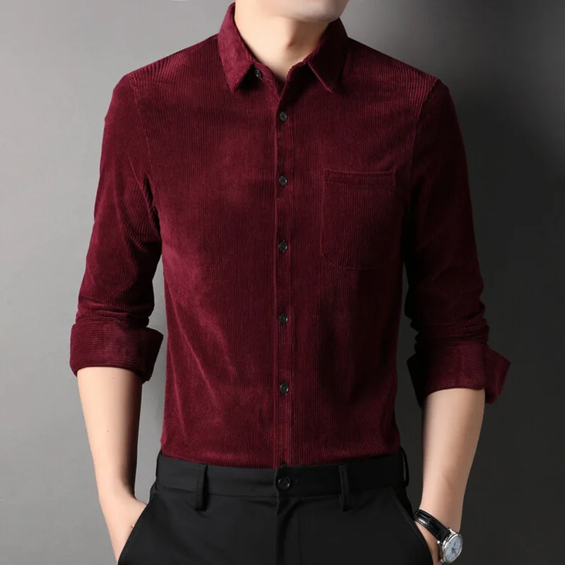 

Burgundy Red Corduroy Social Warmed Shirts For Mens Velvet Blouse Big Size Claret Green Gentleman Casual Clothing Husband Wear