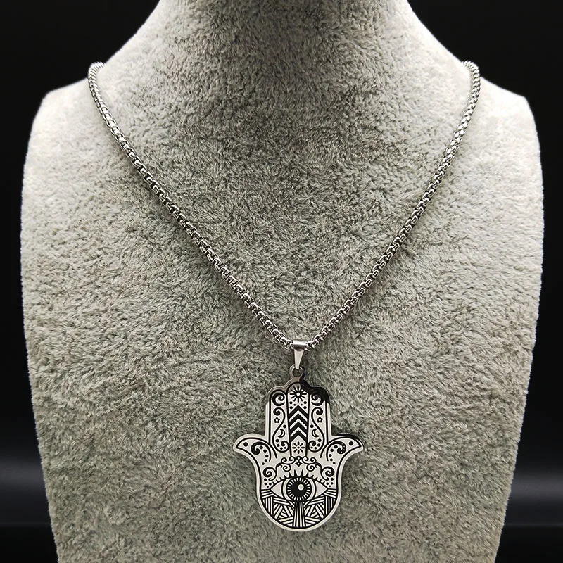 Hamsa Hand of Fatima Stainless Steel Necklaces Men Fatima´s Hand Turkish Eye Necklaces Pendants Jewelry collier homme N933S02