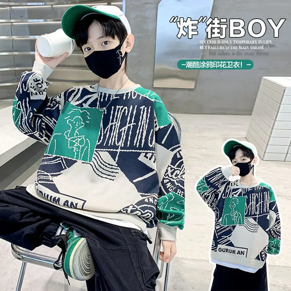 New Kids Letter Print Sweatshirts Children Long Sleeves Tee Top Boy Cool T-Shirt Teen Green Clothes 5 6 7 8 9 10 11 12 13 14Yrs