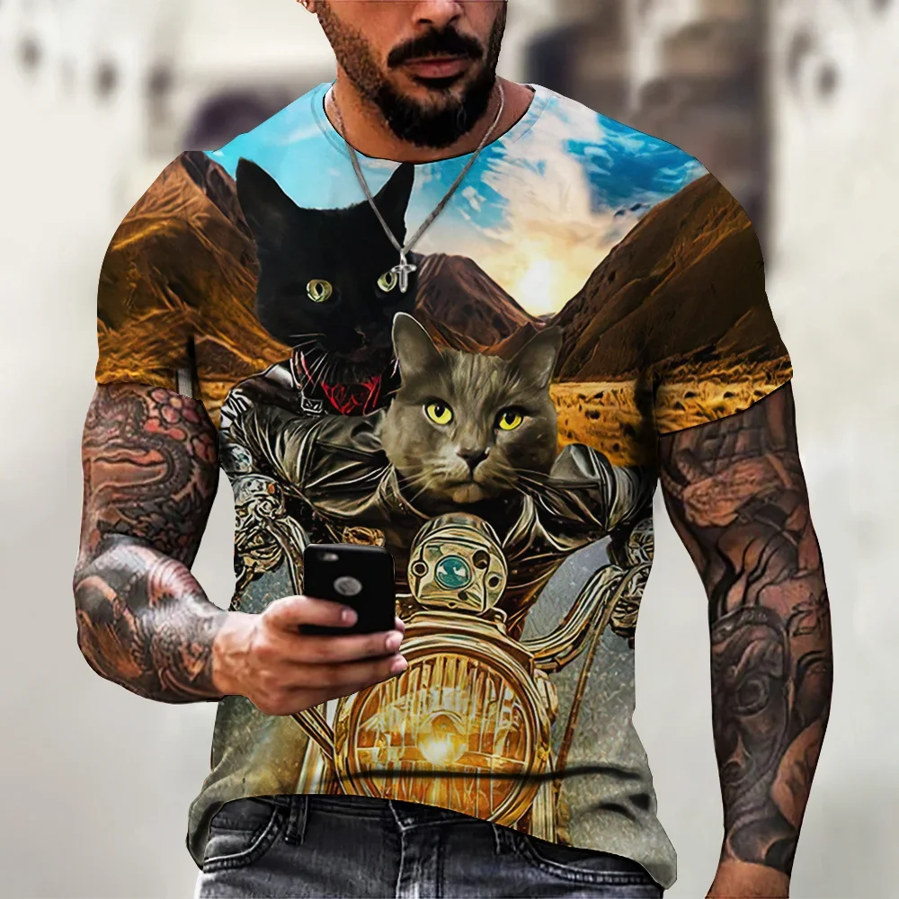 Men's Street Cool Motorcycle Cat Print Summer Round Neck T-shirt Casual Short Sleeve Harajuku Niche Fashion Trend Men's Clothing