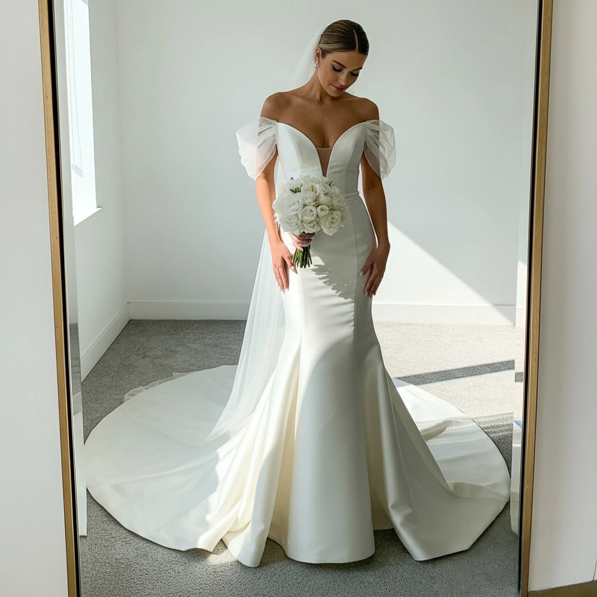Elegant Mermaid Wedding Dress 2026 Off the Shoulder Puff Sleeves Satin Bridal Gown Simple V-neck Backless Vestido De Novia Civil