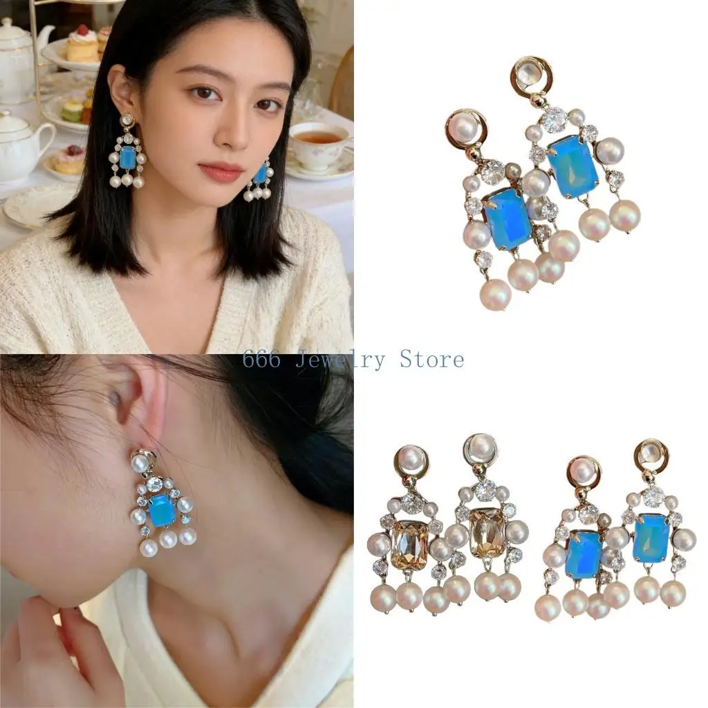 F2TD Layered Tassels Earrings In Blue And Champagne For A Sophisticated Look