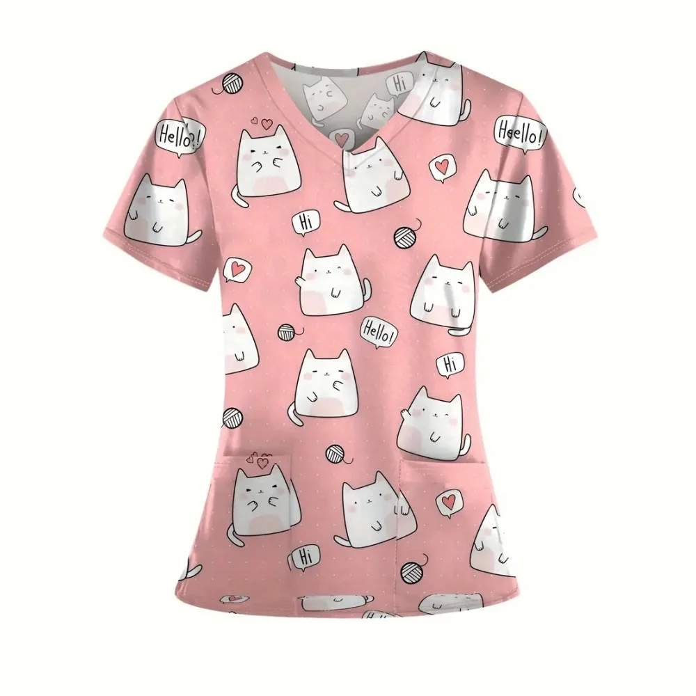 Uniforme de gommage pour femme, imprimé chat, col en v, avec poche, uniforme clinique, hauts microélastiques, uniformes chirurgicaux vétérinaires, été