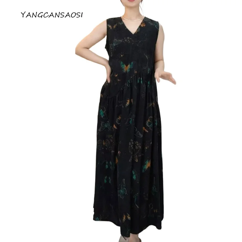 

Women's Fashion Clothing 100% Natural Mulberry Silk Gambiered Guangdong Gauze Butterfly Floral Print Retro Round Neck Vest Dress