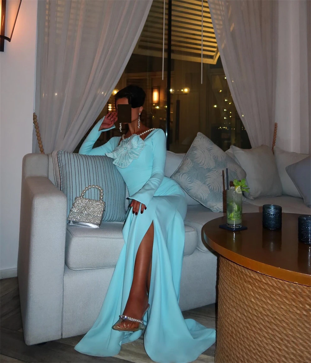 فستان سهرة كلاسيكي مخصص بدون حمالات بأكمام طويلة من الجيرسيه، فساتين مناسبة خاصة رائعة على شكل زهور حورية البحر واللؤلؤ