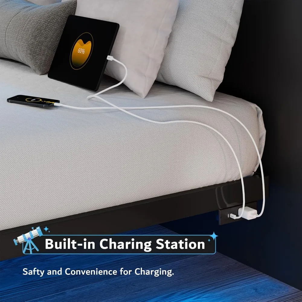 إطار سرير عائم بحجم مزدوج من iPormis مع قاعدة شحن وإضاءة LED، إطار سرير بمنصة معدنية مع شرائح فولاذية شديدة التحمل S #4