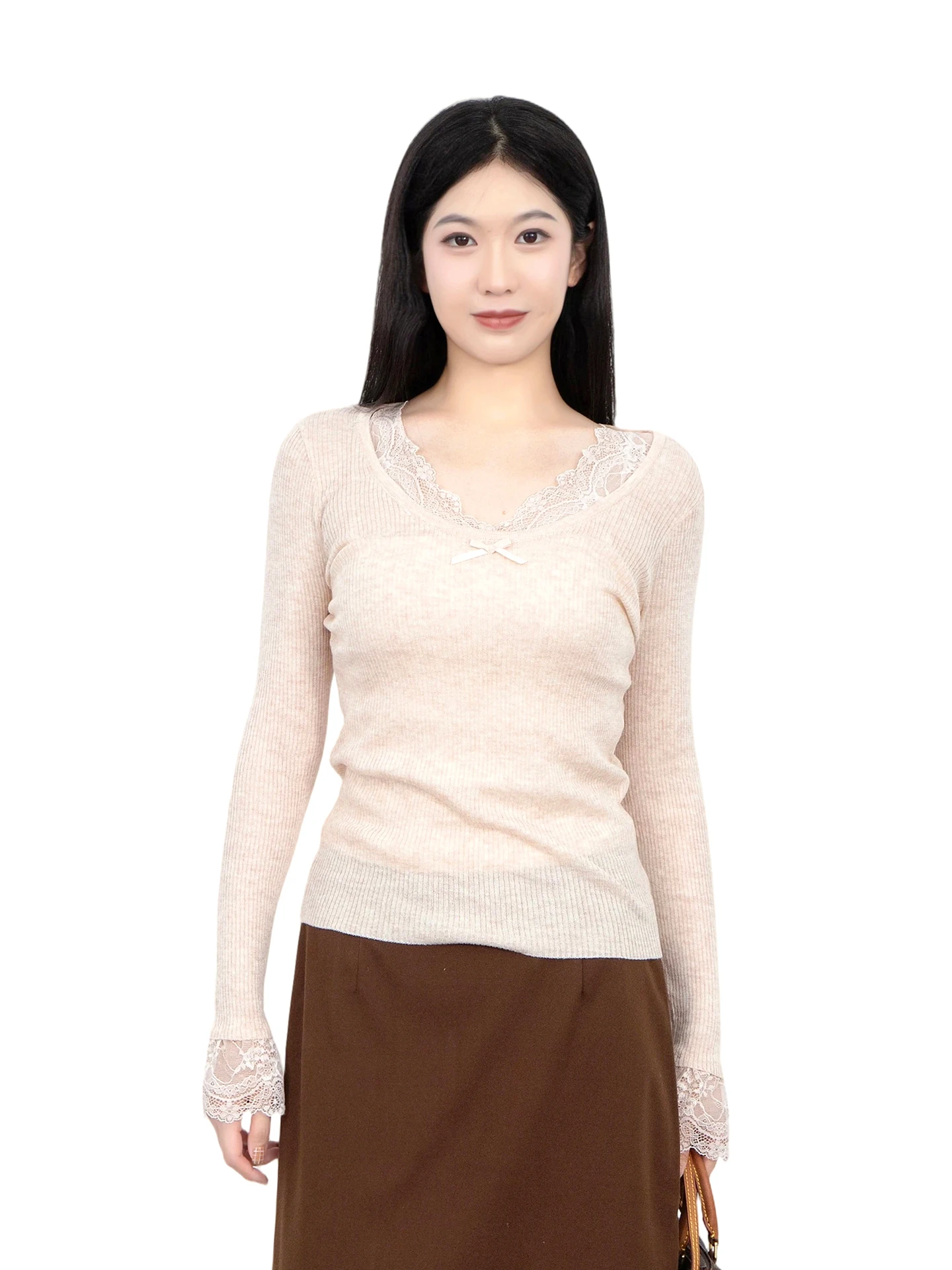 

Sweet Lace Knot Slim Fit Base Layer Top for Women Early Spring Knittedwear Soft Polyester Fiber Long Sve V-Ne